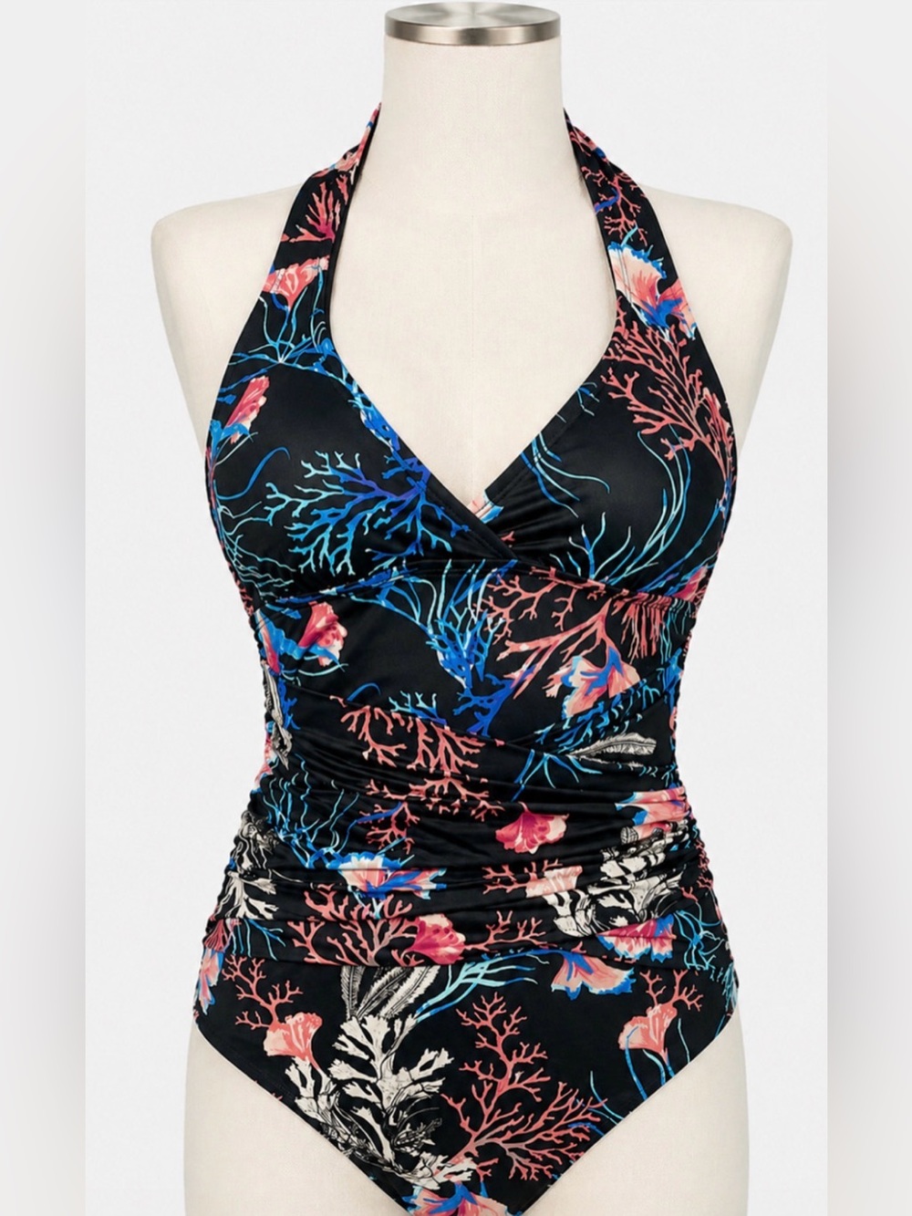 WHITE HOUSE BLACK MARKET CORAL SEA MIRAGE BLACK HALTER ONE PIECE SWIMSUIT SZ S